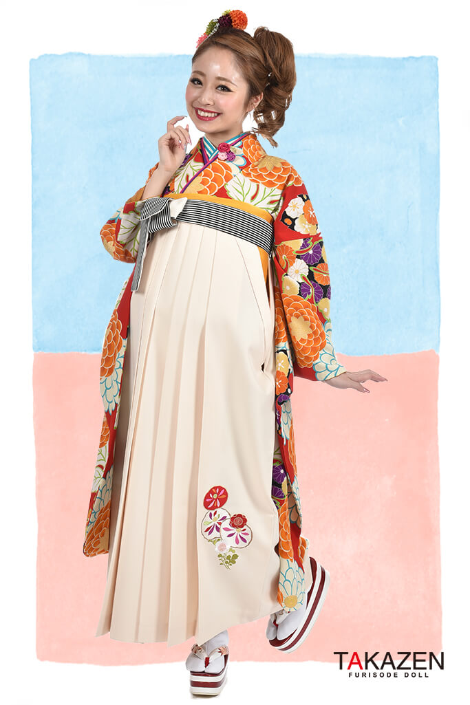 人気派手かわいいレトロ袴ネットレンタル(ポップな菊柄)　赤地/白/オレンジ　RY064