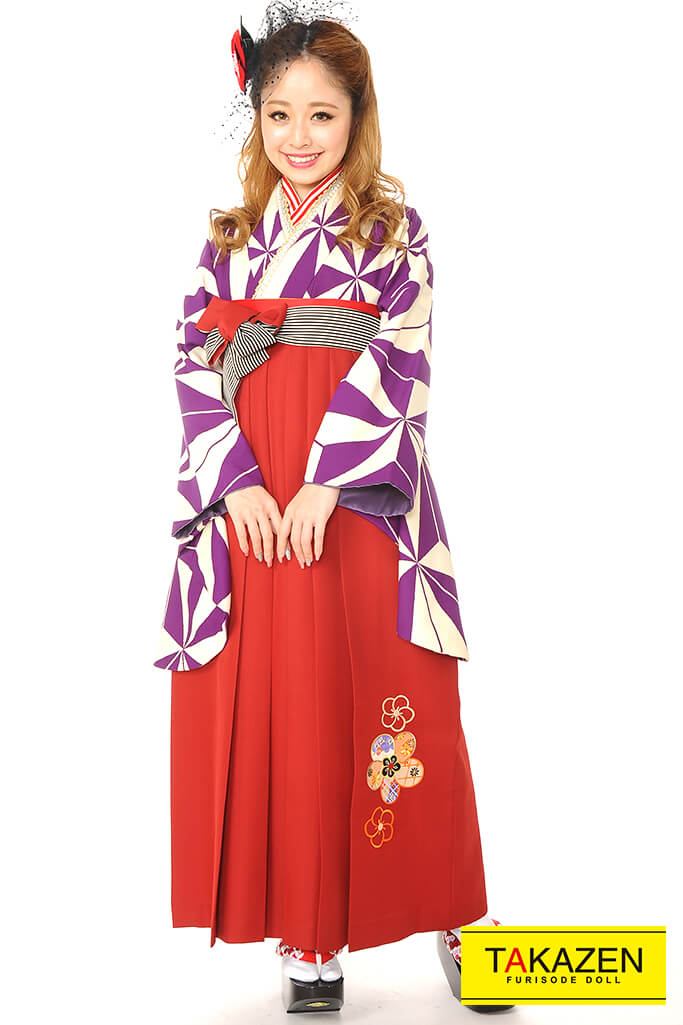 正統派古典　パープル(紫)/白　レトロ袴ネットレンタル(麻の葉柄)　RY069