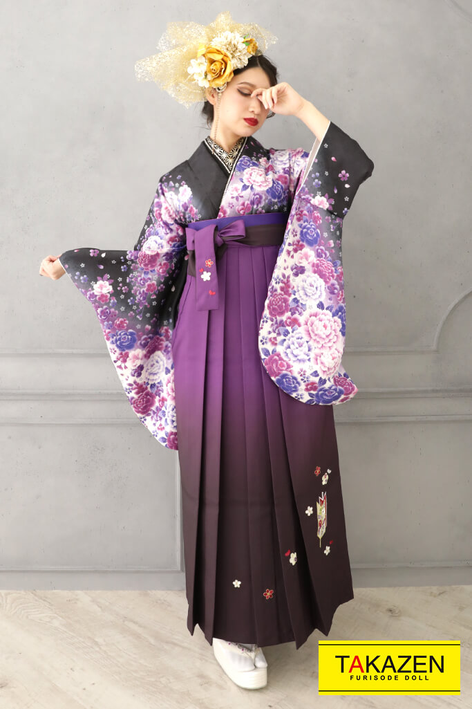 かっこいいモード系袴ネットレンタル(クールな牡丹柄)　黒/紫　RY127