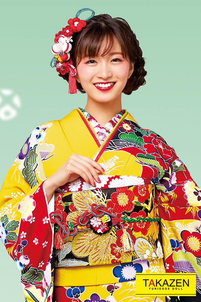 正統派古典　カラシ/ブルー(青色)　紅型　個性派振袖ネットレンタル　伝統的　ちりめん生地　　21022