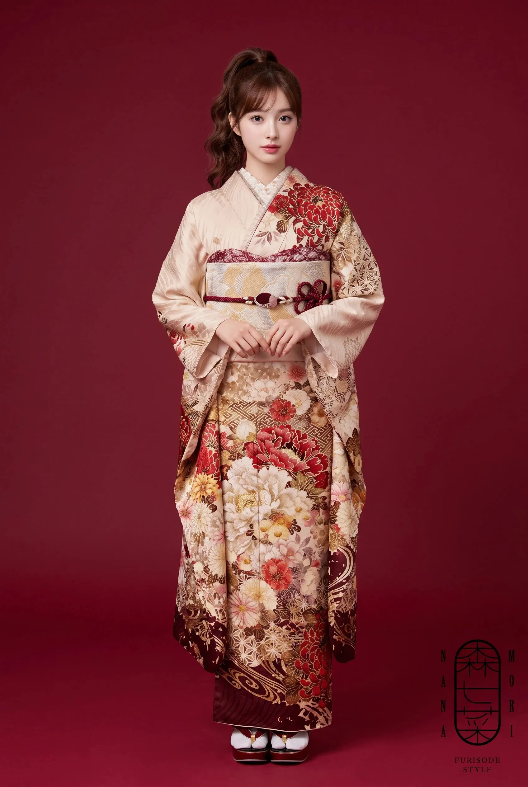 森七菜振袖ネットレンタル　ベージュ/淡い色/オフカラー　乱菊柄　くすみ系　控え目　クラシック　アンティーク調　K566