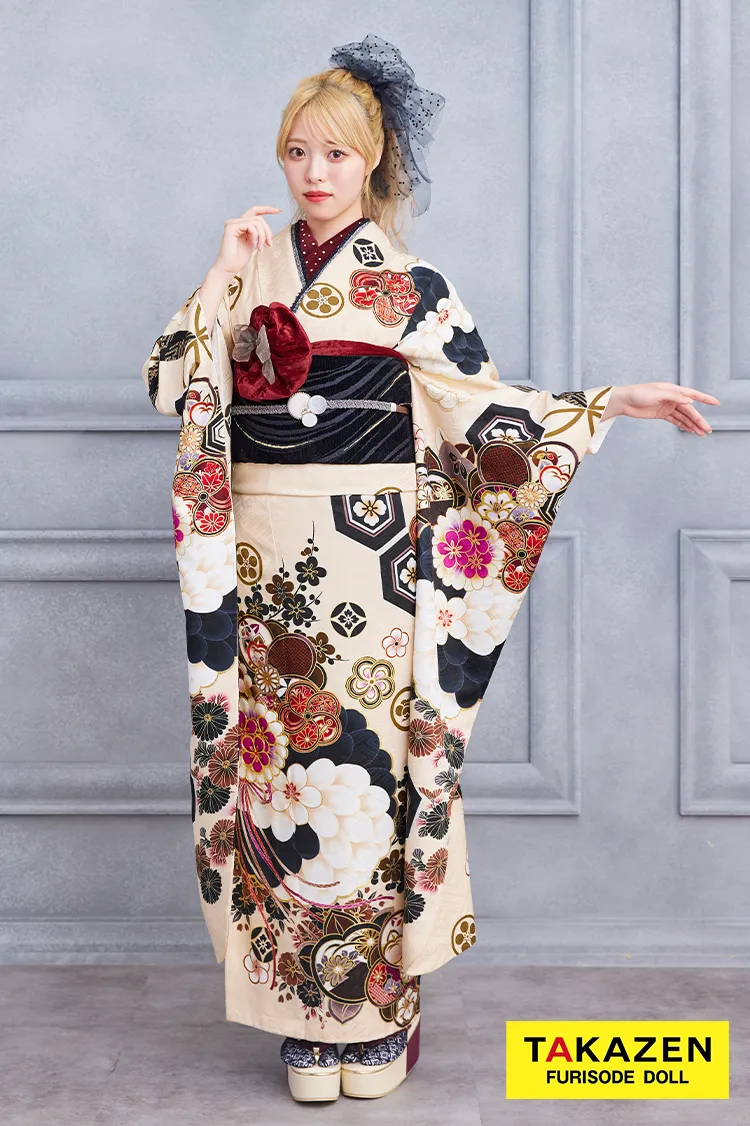 安い振袖レンタル　大正ロマンヴィンテージ　ベージュ/黒　人気　おしゃれ　玉城ティナ×紅一点　しごきアレンジ　23043