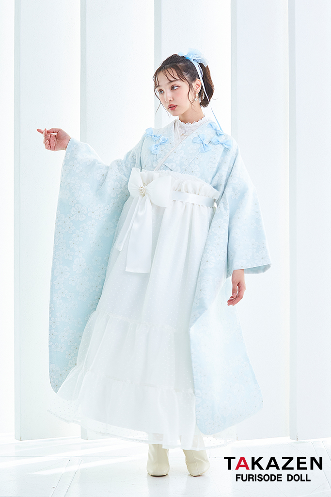 キュート＆ガーリー袴　水色　リボン付き　かわいい　オーガンジー　レースインナーコーデ　香川るな　リボン付きドレス袴ネットレンタル　　LH9