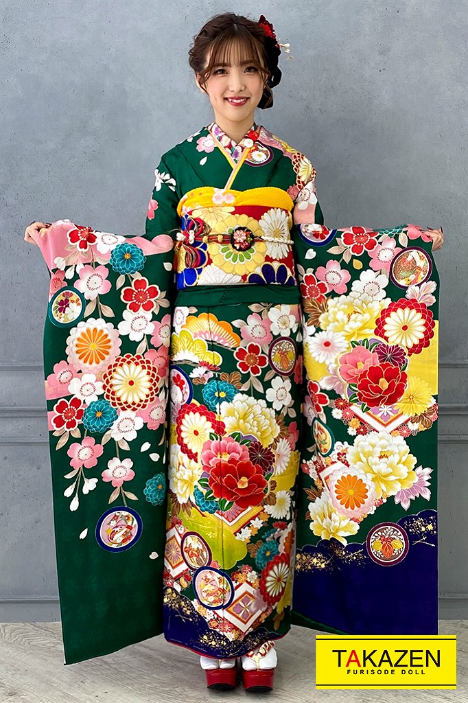 正統派古典　黄/赤/グリーン(緑色)　椿柄　華やか　かわいい古典振袖ネットレンタル　ポップ　　YK0161