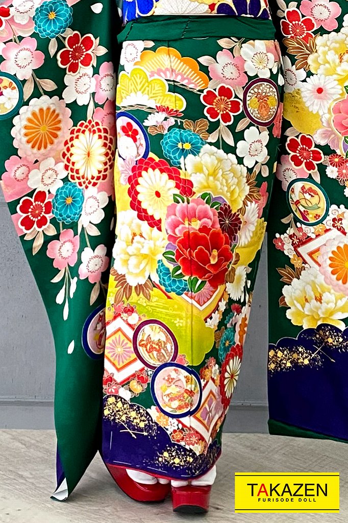 正統派古典　黄/赤/グリーン(緑色)　椿柄　華やか　かわいい古典振袖ネットレンタル　ポップ　　YK0161
