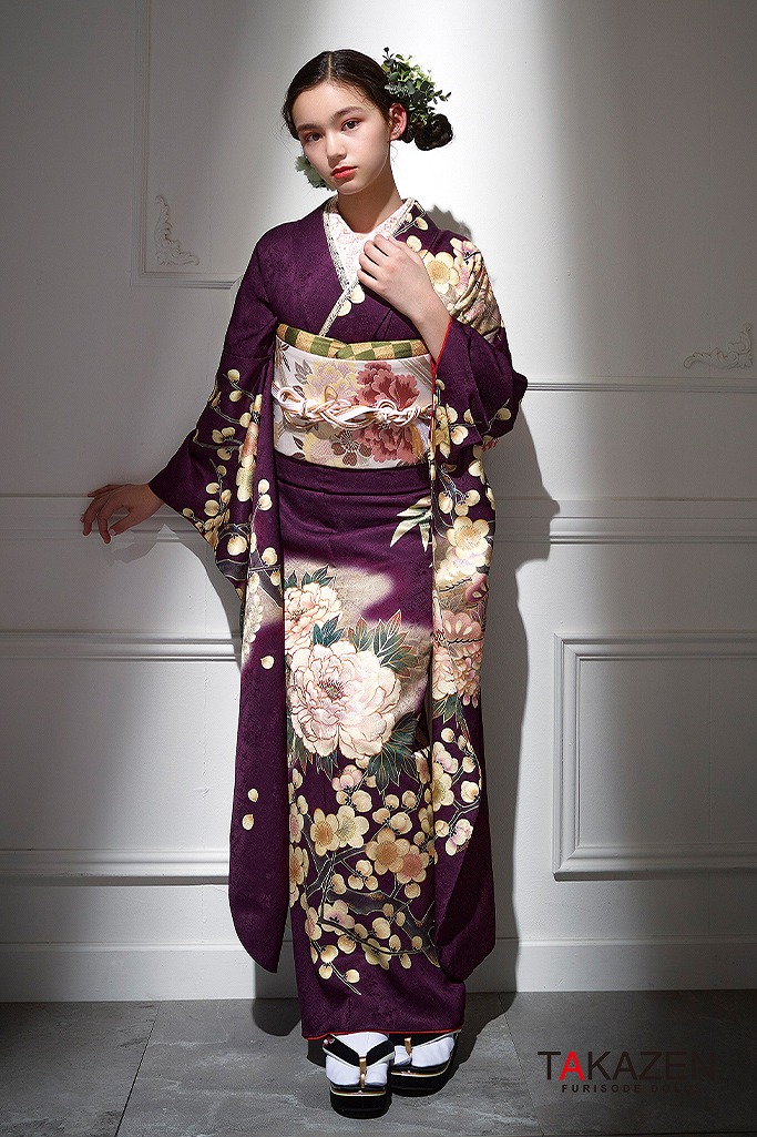 正統派古典 紫/白 牡丹柄 上品 目立つ 綺麗め古典振袖ネットレンタル