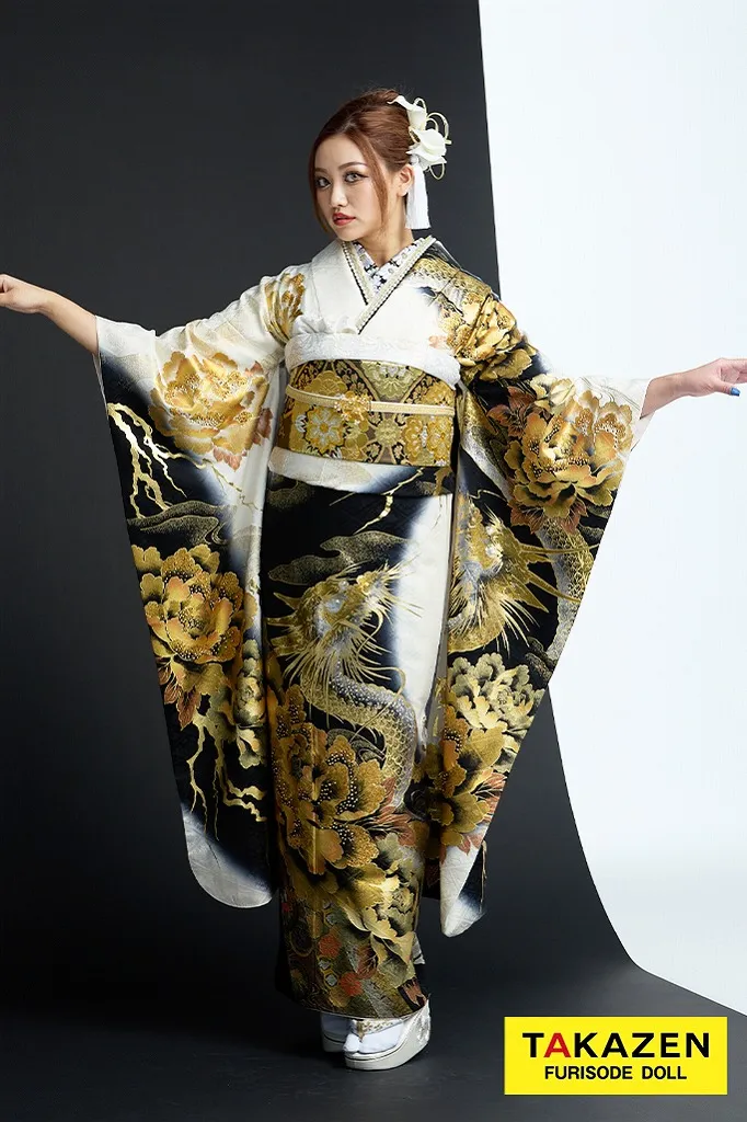 ジャパンモード　白/黒/ゴールド(金色)　本物龍柄　一番目立つ　渋い振袖　かっこいい　極妻風　キラキラスワロフスキー付き　中村りおん　32135
