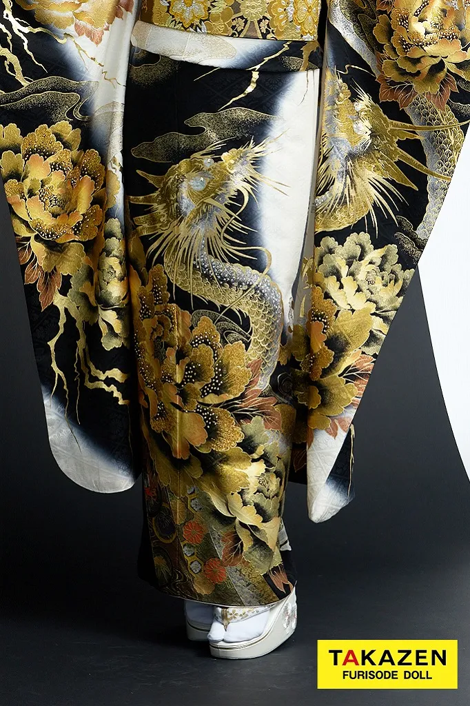 ジャパンモード　白/黒/ゴールド(金色)　本物龍柄　一番目立つ　渋い振袖　かっこいい　極妻風　キラキラスワロフスキー付き　中村りおん　32135