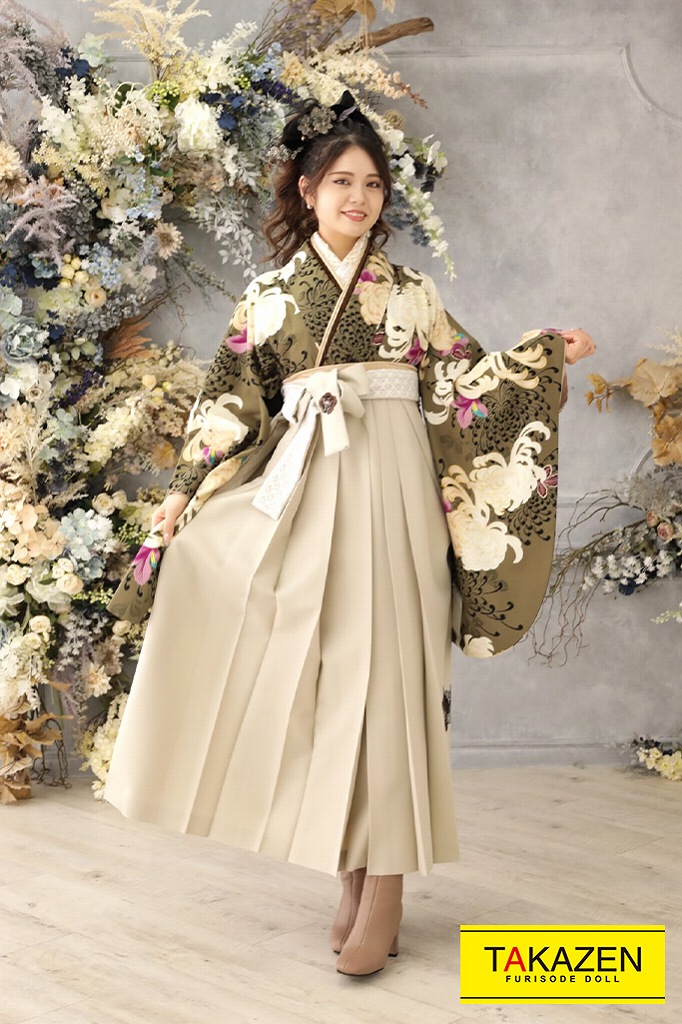 正統派古典　カーキ/くすみグリーン(緑色)　乱菊柄　上品　かわいい　清楚　今田美桜　ブーツコーデ袴ネットレンタル　K22036