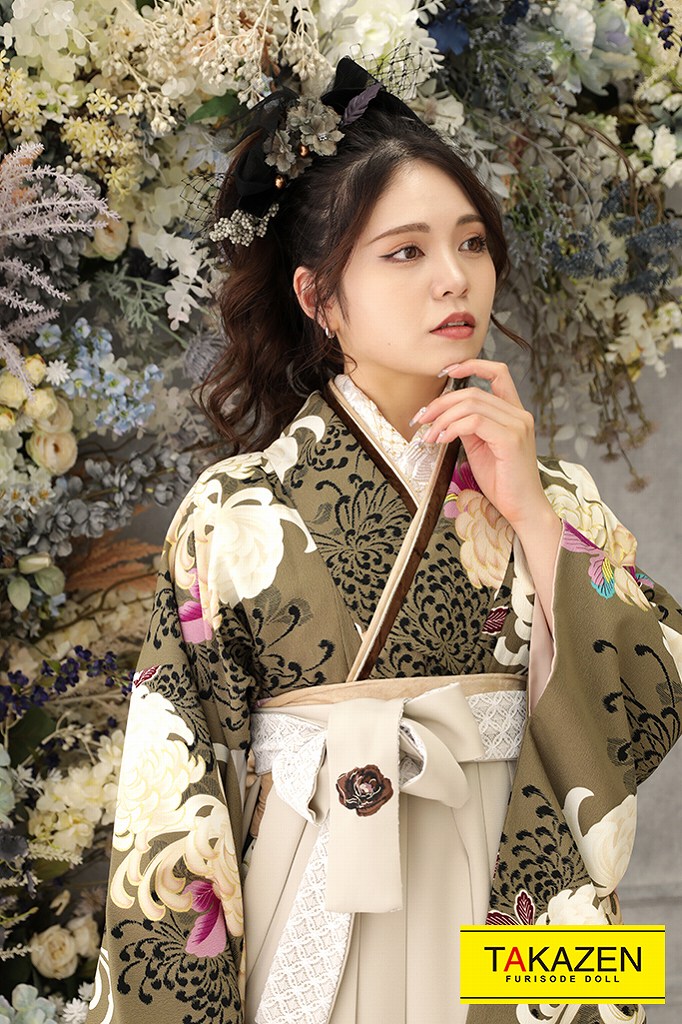 正統派古典　カーキ/くすみグリーン(緑色)　乱菊柄　上品　かわいい　清楚　今田美桜　ブーツコーデ袴ネットレンタル　K22036