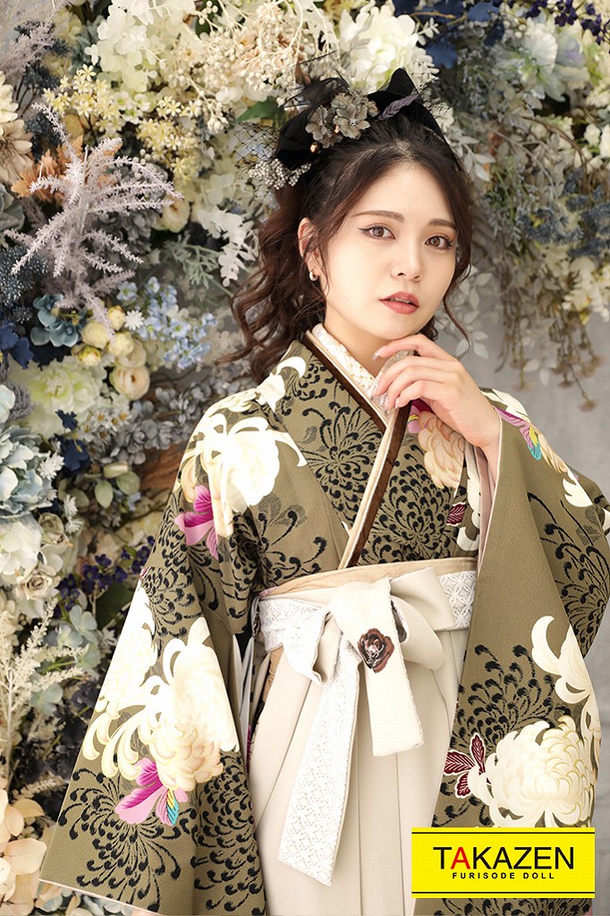 正統派古典　カーキ/くすみグリーン(緑色)　乱菊柄　上品　かわいい　清楚　今田美桜　ブーツコーデ袴ネットレンタル　K22036