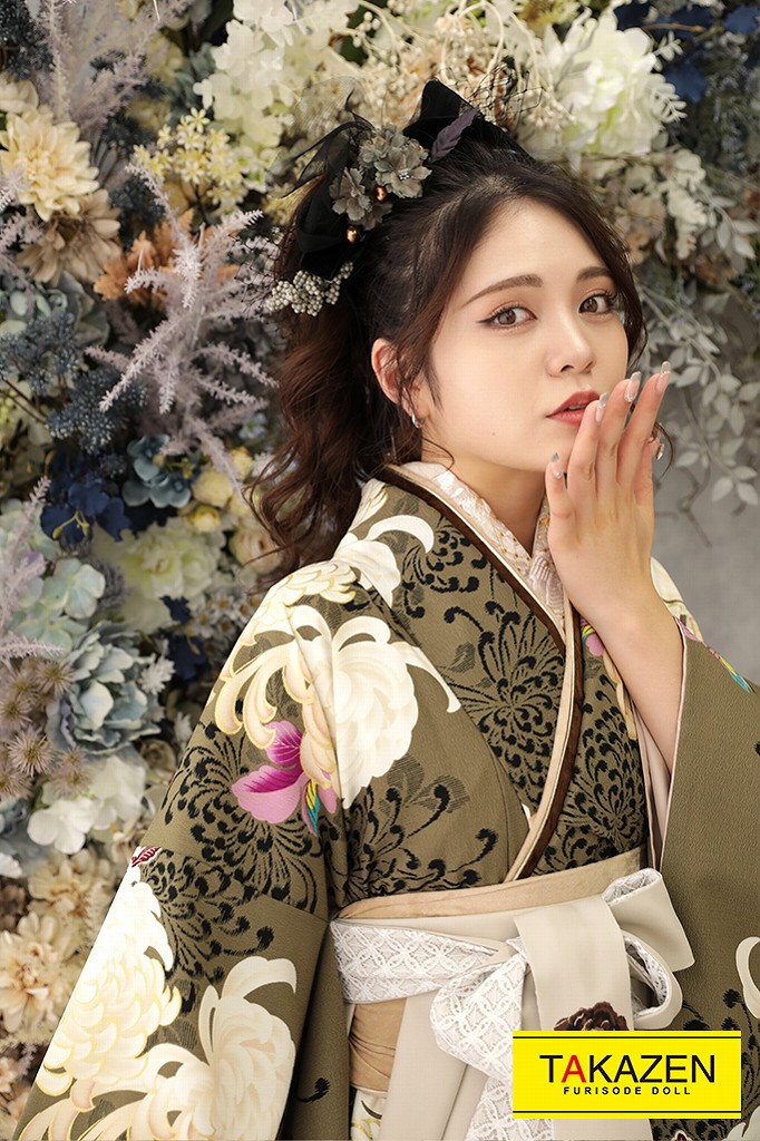正統派古典　カーキ/くすみグリーン(緑色)　乱菊柄　上品　かわいい　清楚　今田美桜　ブーツコーデ袴ネットレンタル　K22036
