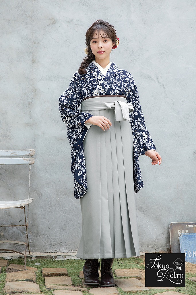 くすみカラーガーリー　紺/ネイビー　小花柄/洋風柄　フレンチガーリー　淡い色　可愛らしい　ブーツコーデ袴ネットレンタル　R24081
