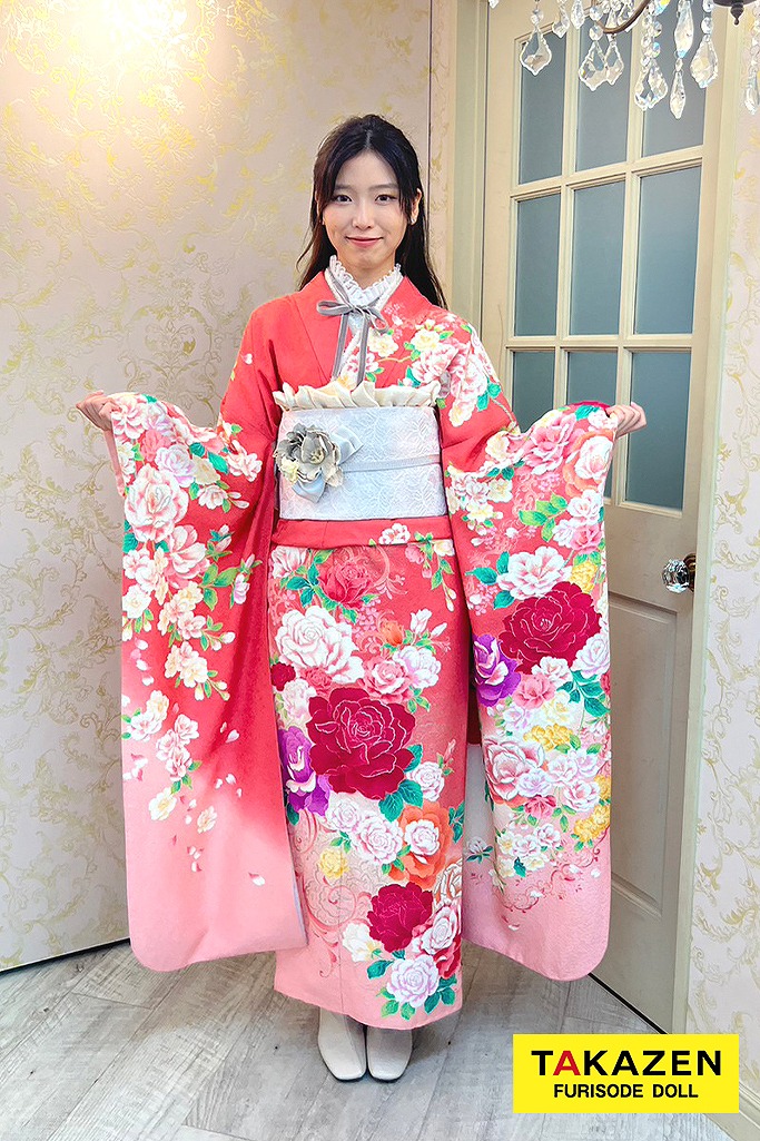 プチプラキュート系　ピンク/サーモンピンク　バラ柄　可愛らしい　量産系　リボンコーデ　アレンジ自由　安くてかわいい振袖ネットレンタル　M10