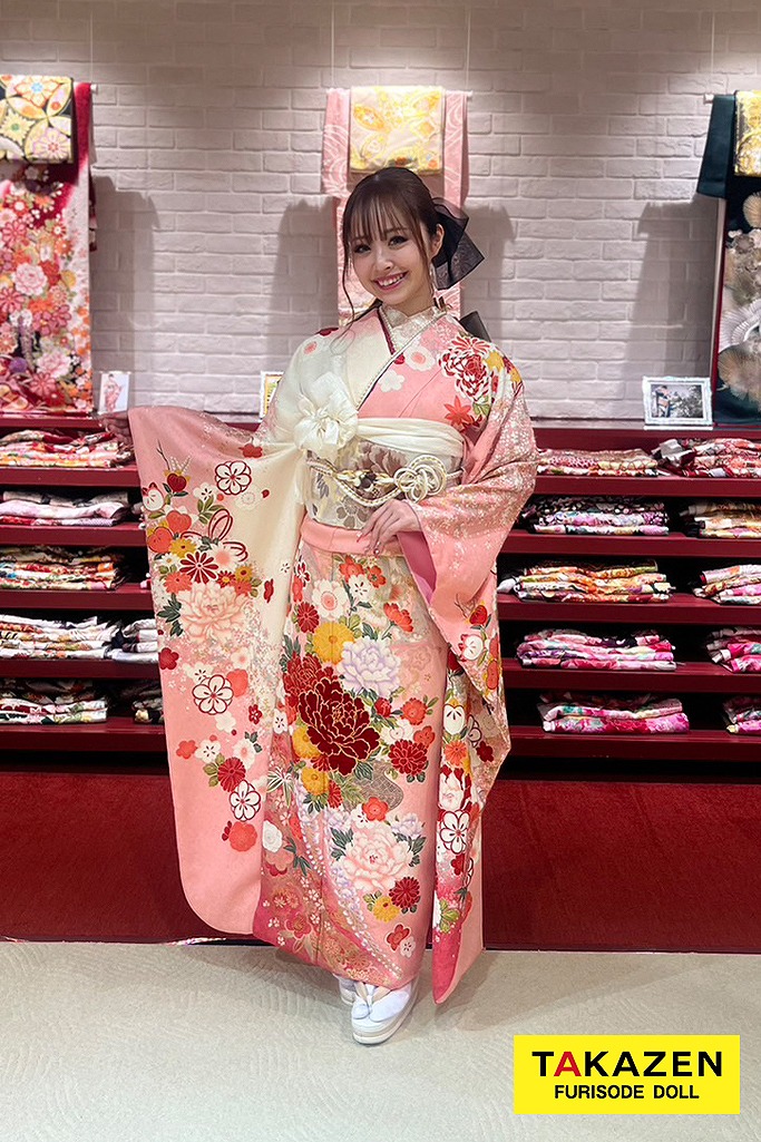 安くてかわいい！正統派古典　白/ピンク　椿柄　おしとやか　ベルベット素材　低身長さんにもおすすめ振袖ネットレンタル　M7