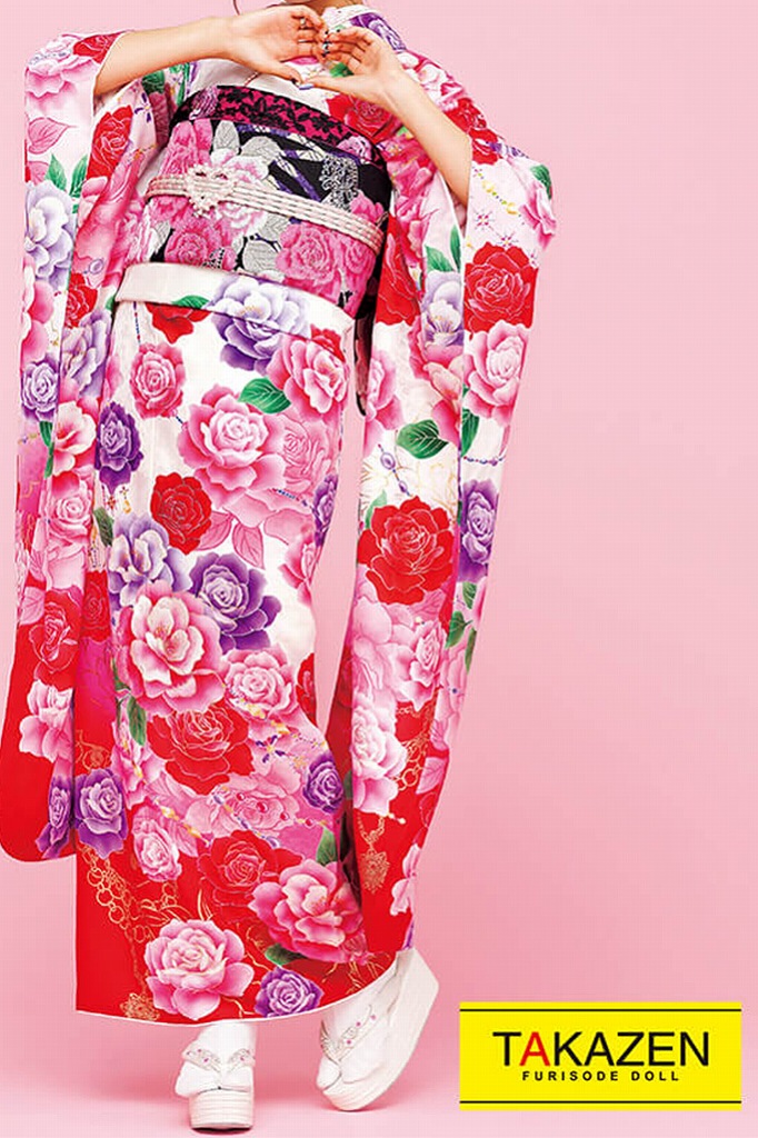 格安キュートガーリー　白/ピンク/赤　薔薇柄　量産型　かわいい　ゆるふわ　　地雷系振袖ネットレンタル　32163
