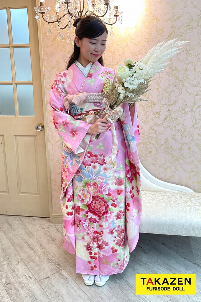 松田聖子ブランドキュートガーリー　ピンク　リボン柄/バラ柄　安い　かわいい　華やか　可愛い振袖ネットレンタル　ゆるふわ　M9