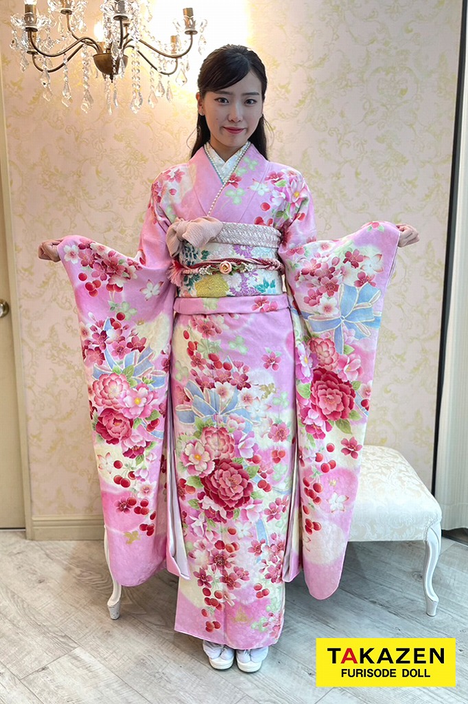 松田聖子ブランドキュートガーリー　ピンク　リボン柄/バラ柄　安い　かわいい　華やか　可愛い振袖ネットレンタル　ゆるふわ　M9