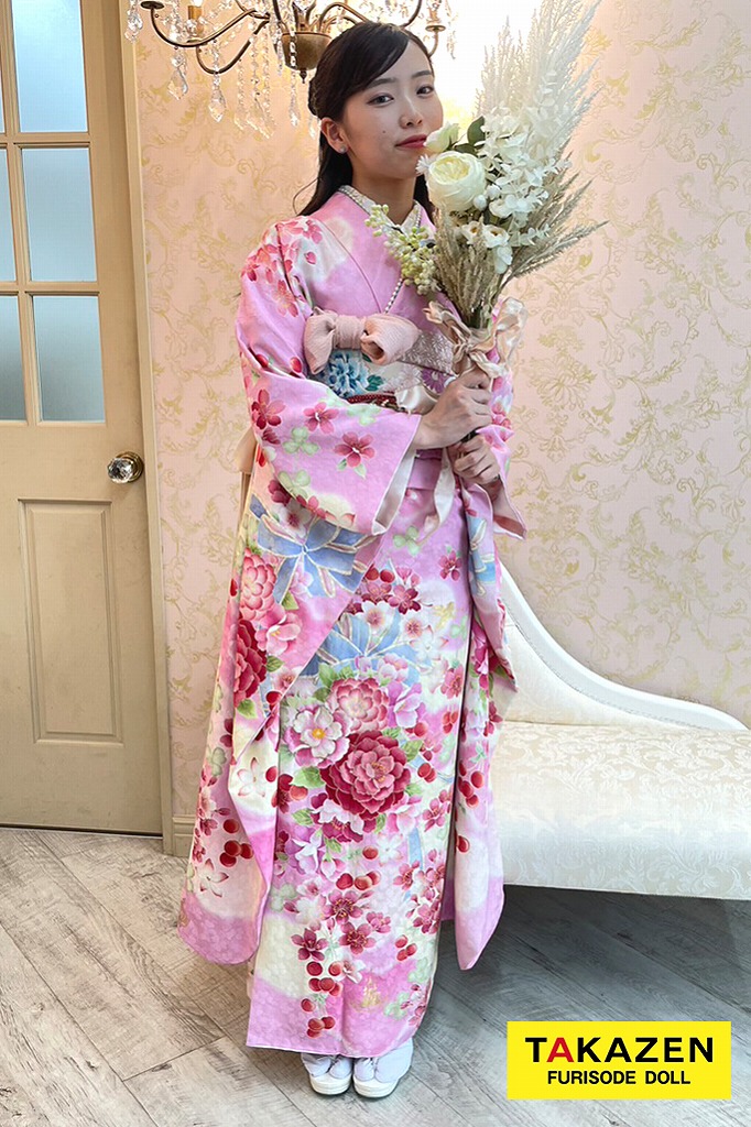 松田聖子ブランドキュートガーリー　ピンク　リボン柄/バラ柄　安い　かわいい　華やか　可愛い振袖ネットレンタル　ゆるふわ　M9
