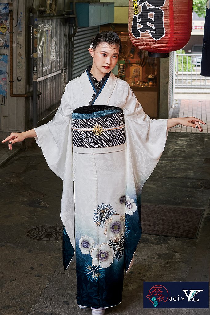 人気　色無地振袖　ネイビー　紺×白コーデ　シック　振袖セット　成人式 人気色無地振袖ネイビー紺×白コーデシック振袖セット成人式