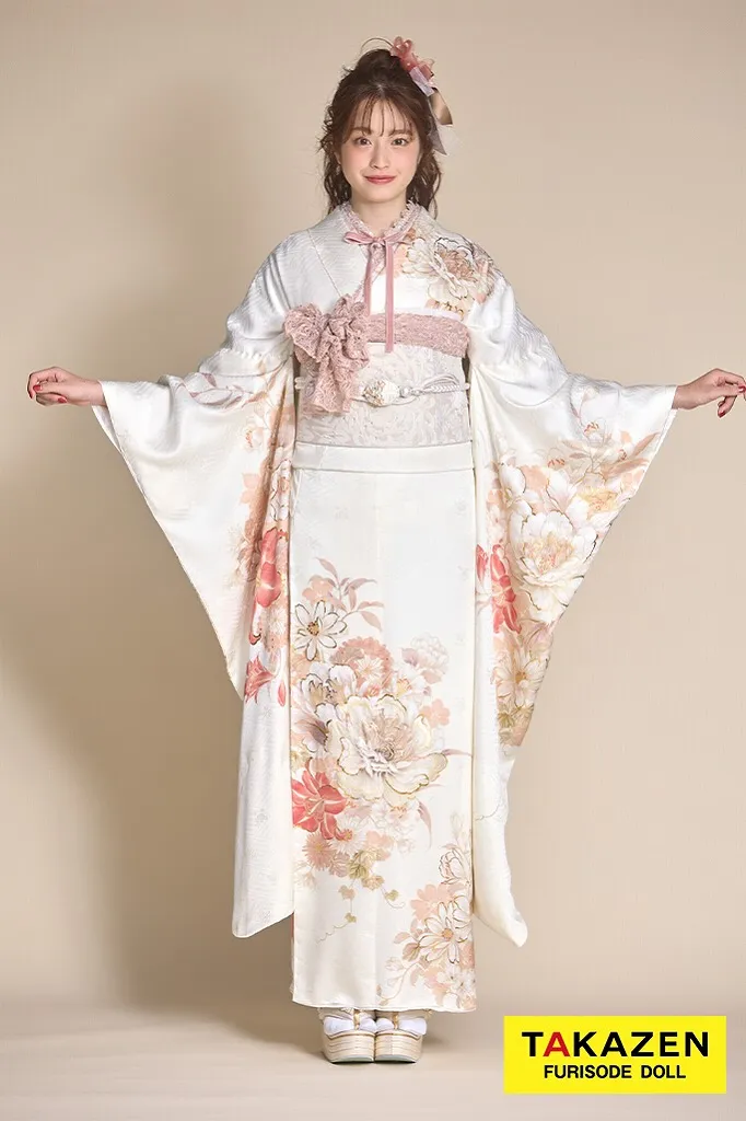 最新作くすみカラーガーリー　白/サーモンピンク/　百合柄　かわいい　すっきり　シンプル　フェミニンな振袖　リボン小物コーデ　葛西杏也菜　26060