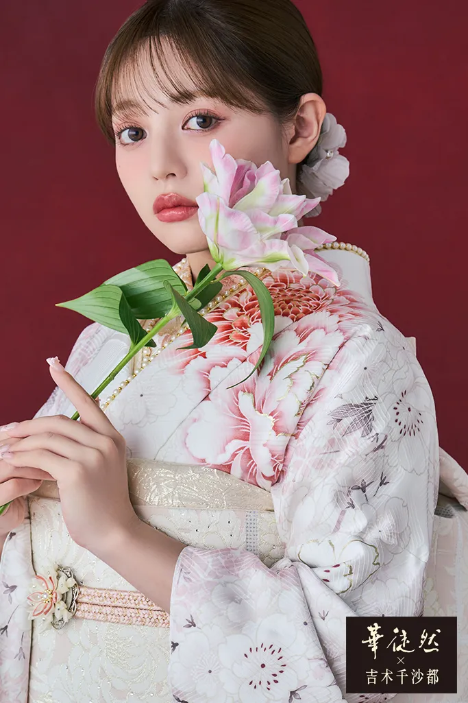 華徒然×吉木千沙都振袖ネットレンタル 白/ピンク 牡丹柄/菊柄