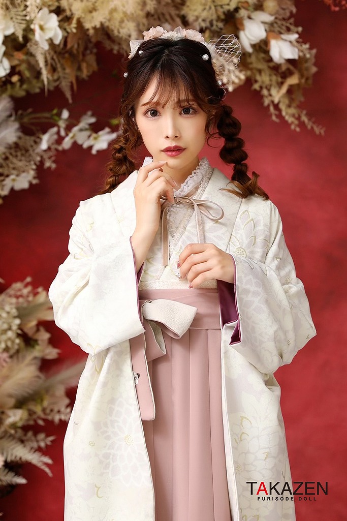 JAPAN STYLE×中村里砂袴ネットレンタル　白/薄ピンク　菊柄　シンプル　かわいい　淡い色　組み合わせ自由　くすみ系　上品　　R22013