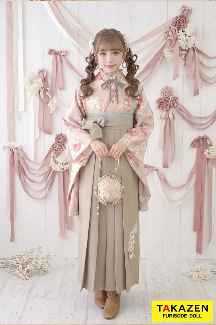 キュートガーリー　ピンク/グレー　バラ柄　ゆめかわいい　量産型　JILLSTUART袴ネットレンタル　ジルスチュアート　C30036