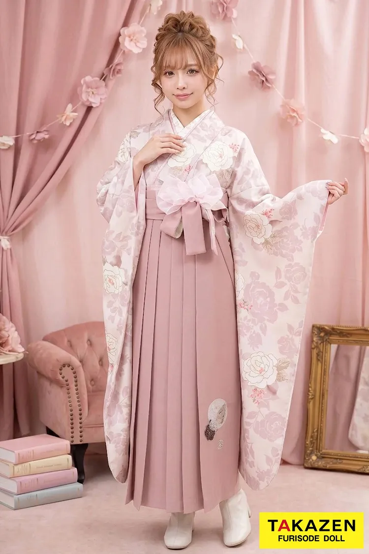 くすみカラーガーリー　ピンク/かわいい　薔薇柄　フェミニン　おしゃれ　かわいい　トレンド袴ネットレンタル　ブーツスタイル　R25008