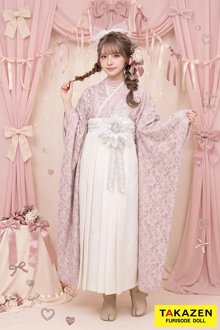 キュート＆ガーリー　ダスティーピンク　総レース　かわいい　ゆるふわ　　ブーツスタイル　おしゃれ　ドレス袴ネットレンタル　RY162