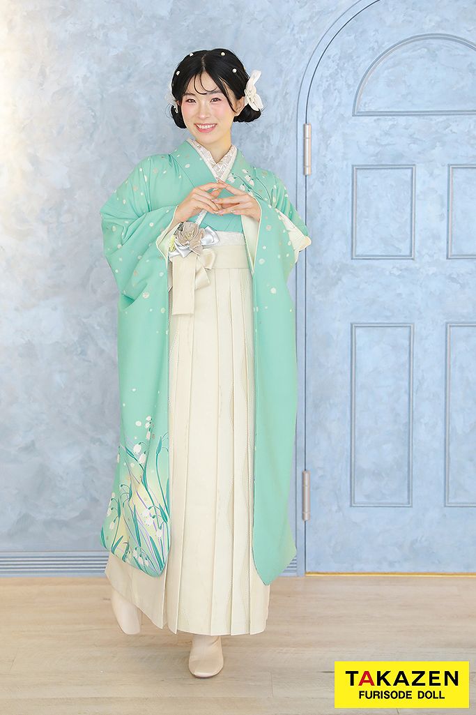くすみレトロ　水色/ミントブルー　百合柄　シンプル　ミスティカラー　上品　統一感のある着こなし袴ネットレンタル　久留栖るな　GH7