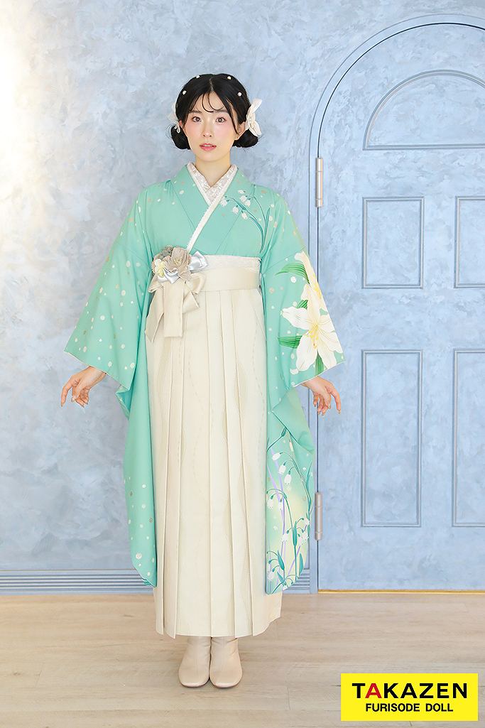 くすみレトロ　水色/ミントブルー　百合柄　シンプル　ミスティカラー　上品　統一感のある着こなし袴ネットレンタル　久留栖るな　GH7