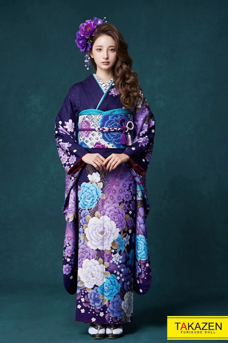 激安モード　紫/ブルー(青色)　薔薇柄　人気　派手　カッコイイ　お得な格安プラン　ギャル人気　目立つ振袖ネットレンタル　　#F0110