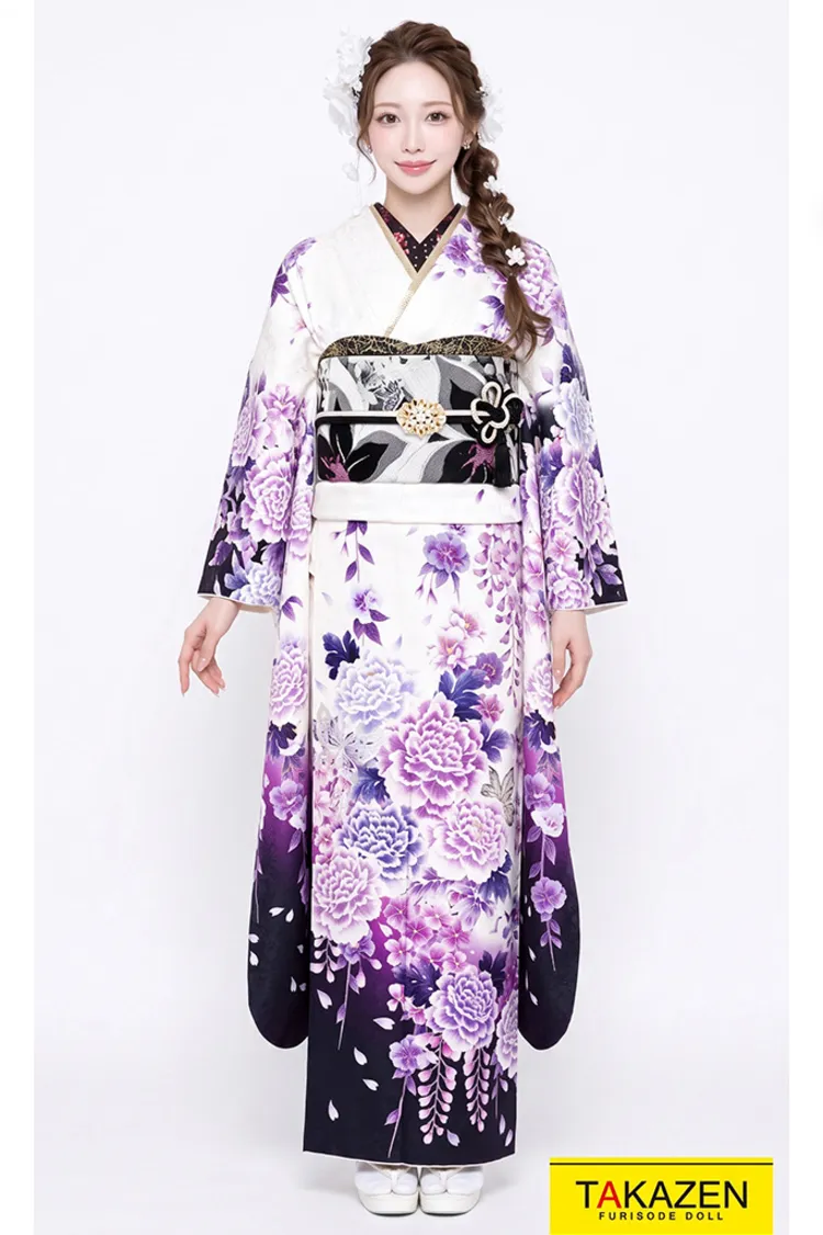 安い　大特価モード　白/黒/紫　牡丹柄　シンプル　かっこいい系振袖ネットレンタル　今だけお得　ラグジュアリー　#F0115
