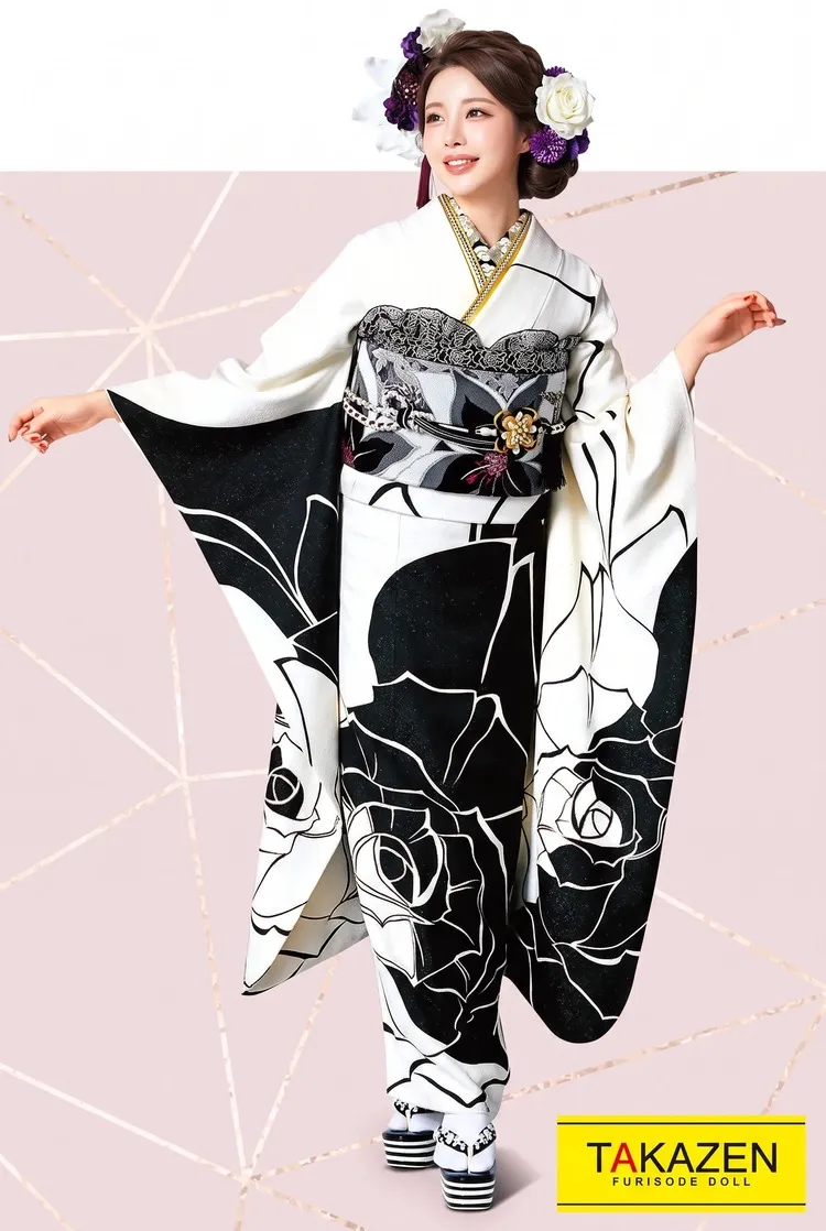 シンプルモード　黒/白　モノトーン　大柄/薔薇柄　かっこいい振袖ネットレンタル　高身長さんにもおすすめ　　31154