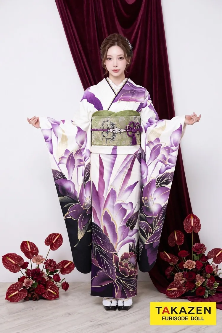 シンプルモード　白/紫/ゴールド(金色)　蓮柄/大柄　珍しい　派手振袖ネットレンタル　かっこいい　高身長さんにおすすめ　32117