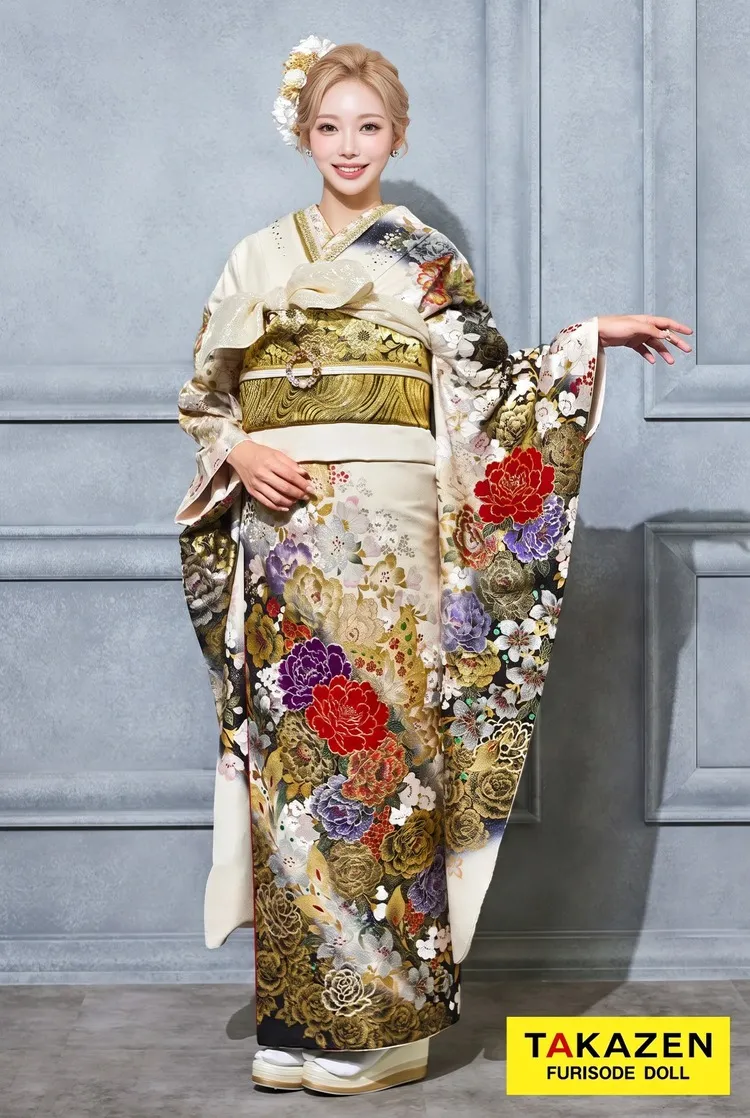 格安モード系　白/金　牡丹柄　桂由美デザイン振袖　かっこいい　派手　目立つ　渋い　キラキラスワロフスキー付き振袖ネットレンタル　32122