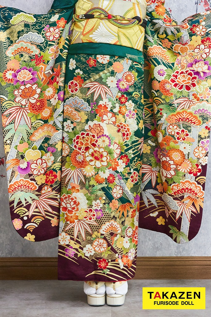 安い！正統派古典　緑　吉祥文様/松竹梅　清楚　王道　上品　柄多め振袖ネットレンタル　豪華　30086