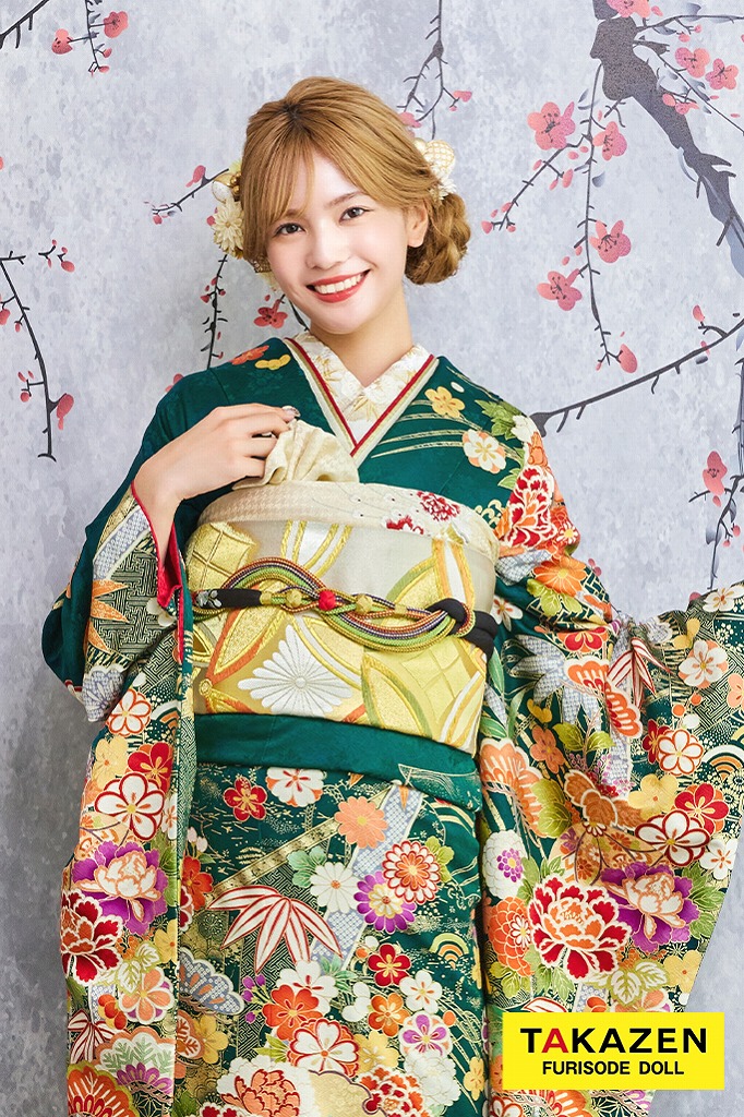 安い！正統派古典　緑　吉祥文様/松竹梅　清楚　王道　上品　柄多め振袖ネットレンタル　豪華　30086