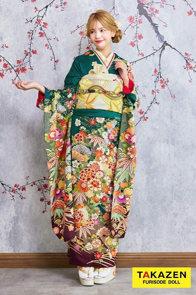 安い！正統派古典　緑　吉祥文様/松竹梅　清楚　王道　上品　柄多め振袖ネットレンタル　豪華　30086