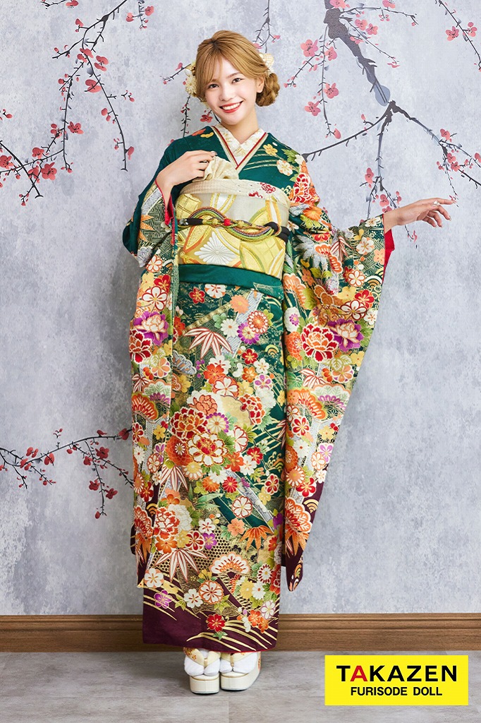 安い！正統派古典　緑　吉祥文様/松竹梅　清楚　王道　上品　柄多め振袖ネットレンタル　豪華　30086