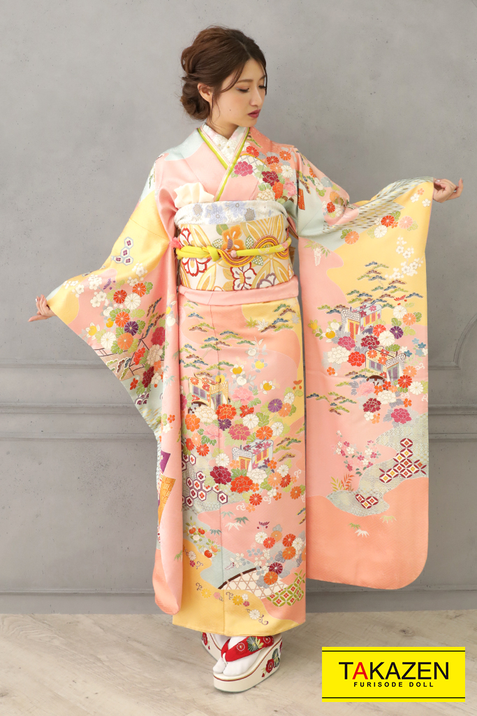 プレミアム古典　サーモンピンク　小花柄/ボタン柄　千總　高級　上品古典振袖ネットレンタル　シンプル　おしとやか　YK0145