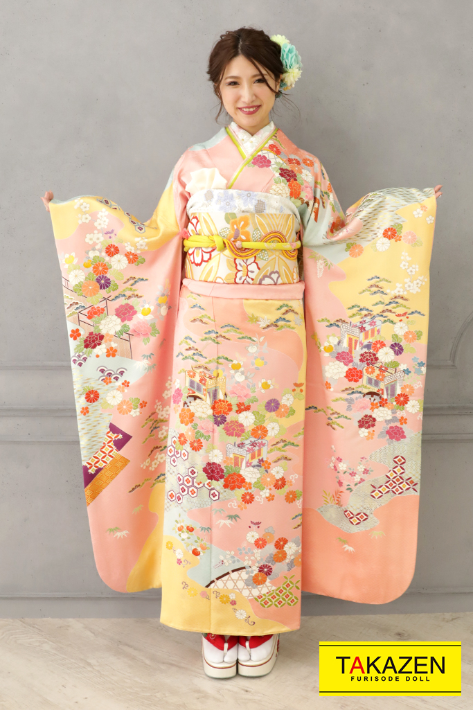 プレミアム古典　サーモンピンク　小花柄/ボタン柄　千總　高級　上品古典振袖ネットレンタル　シンプル　おしとやか　YK0145