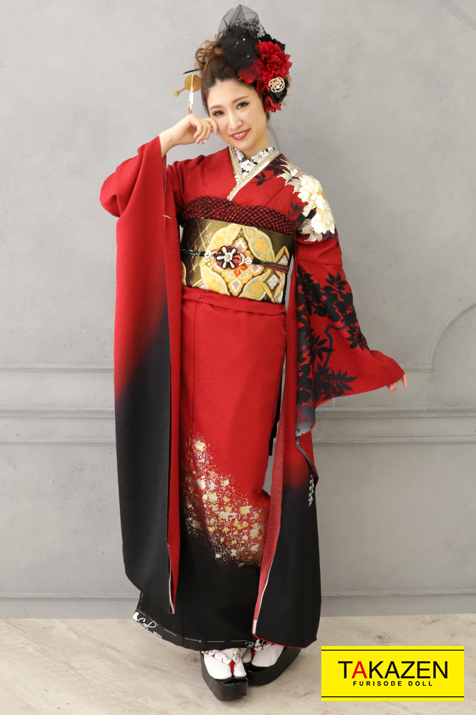 柄少な目かっこいいシンプル花魁風ジャパンモード 1着限定 赤 黒 Yk154 Furisode Doll