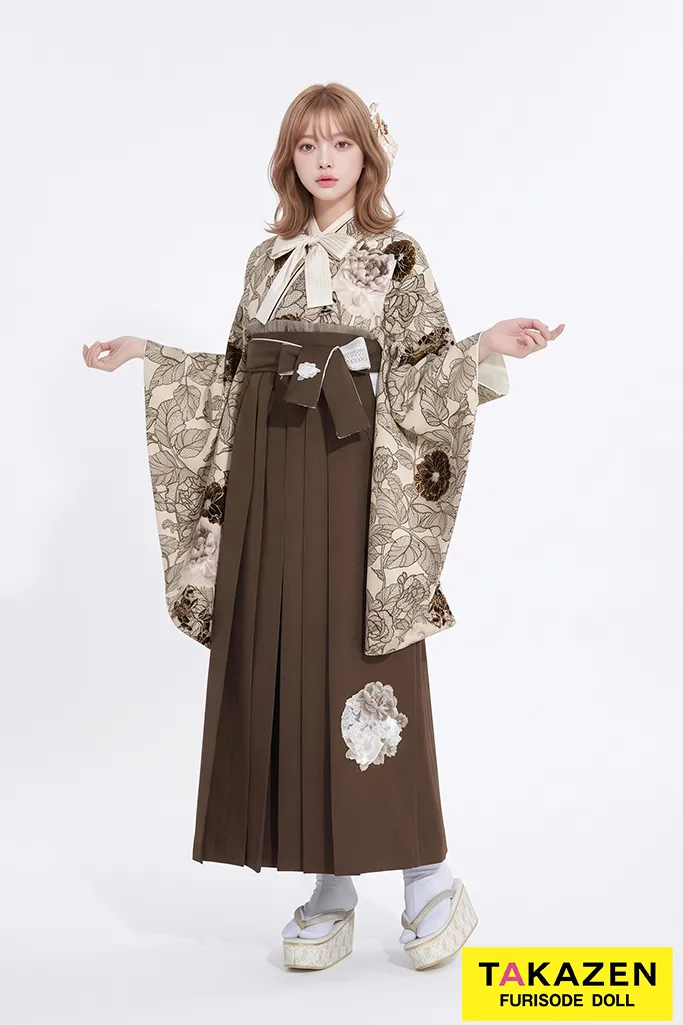 玉城ティナ×紅一点袴ネットレンタル　ベージュ/薄茶　洋風柄　淡い色　統一感　リボンコーデ　くすみカラー　　R24076