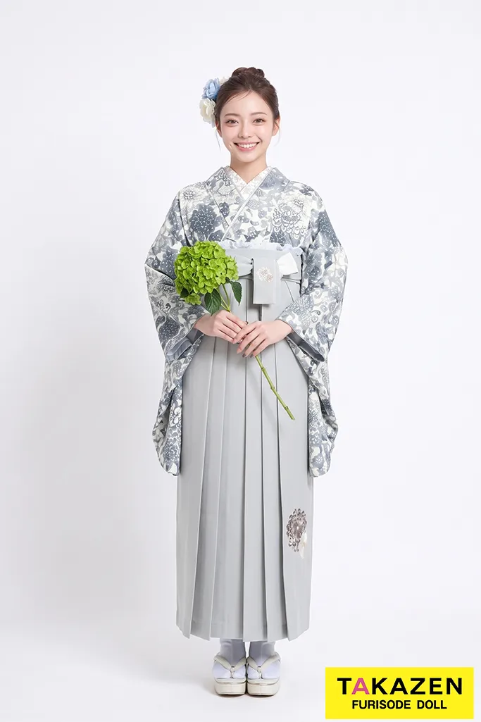 玉城ティナ×紅一点振袖ネットレンタル　正統派古典　グレー/水色　菊柄　寒色系　清楚系　ブルべさんにおすすめ　R26068