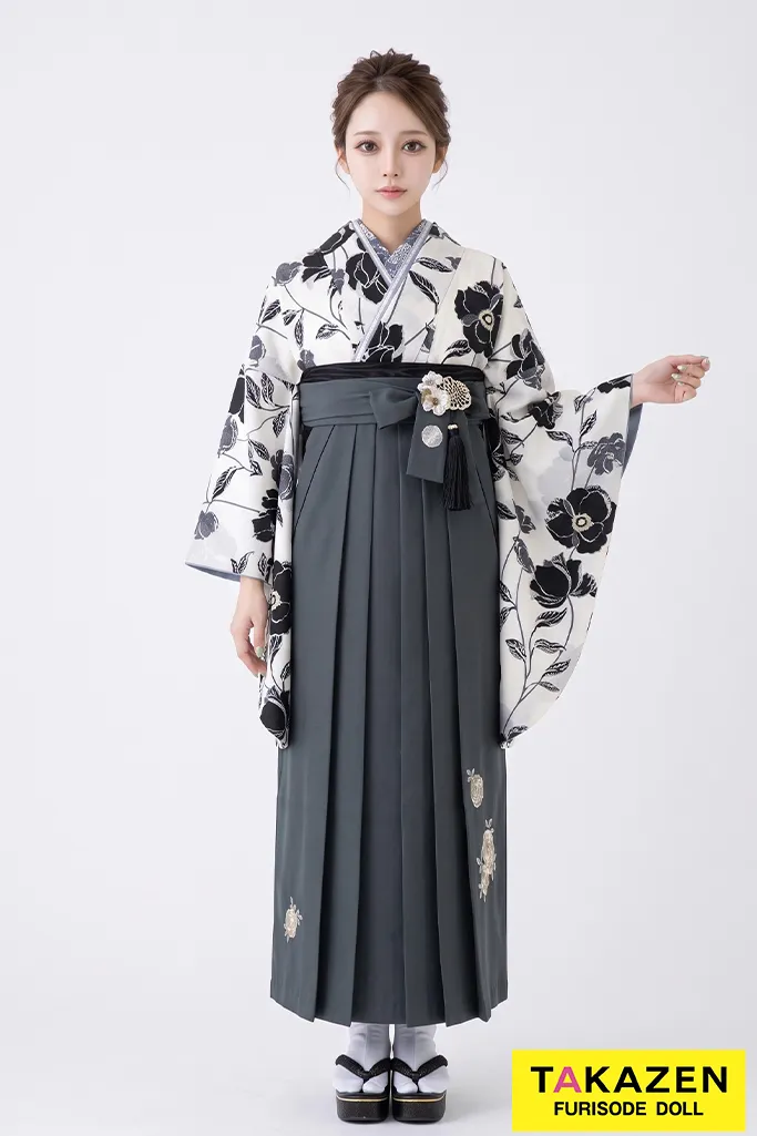 玉城ティナ×紅一点ブランド袴ネットレンタル　レトロモダン　白地/黒/モノトーン　花柄　大人っぽい　R25059
