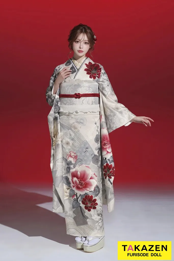 玉城ティナ×紅一点ブランド振袖ネットレンタル　白/赤/白ベース　牡丹柄/桜柄　すっきり　上品　大人っぽい　綺麗　K1178