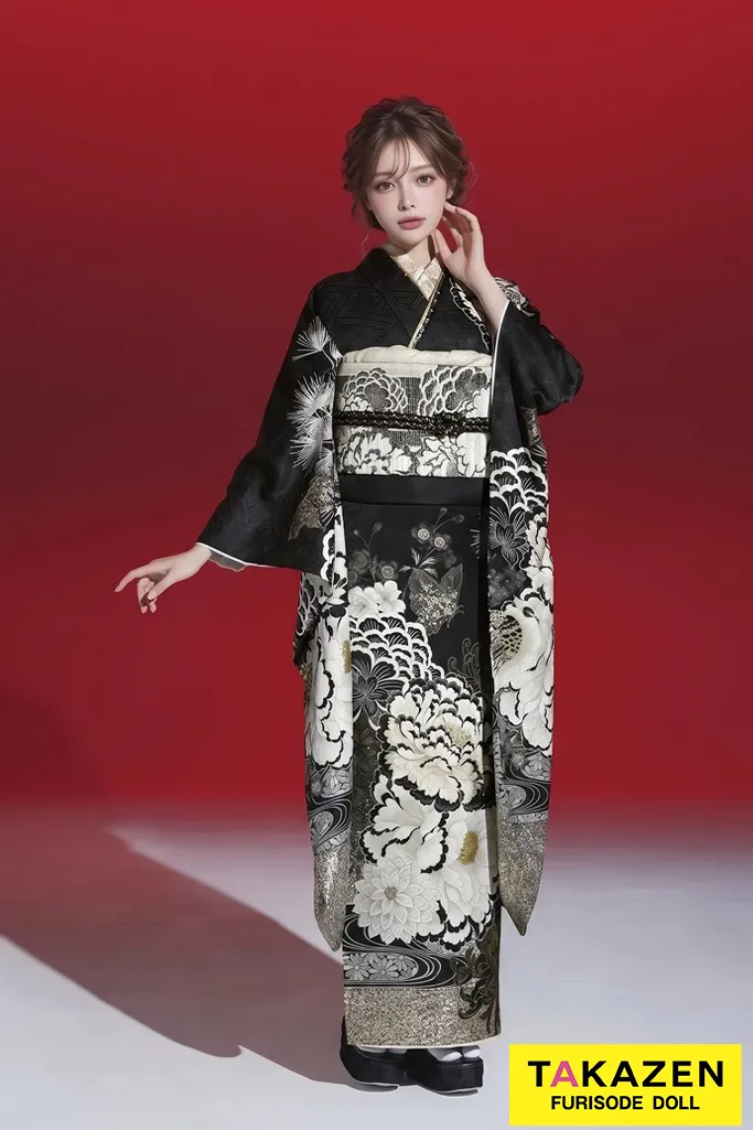 玉城ティナ×紅一点ブランド振袖ネットレンタル　黒　牡丹柄/流水模様　大人っぽい　シック　かっこいい　辛口コーデ　K1185
