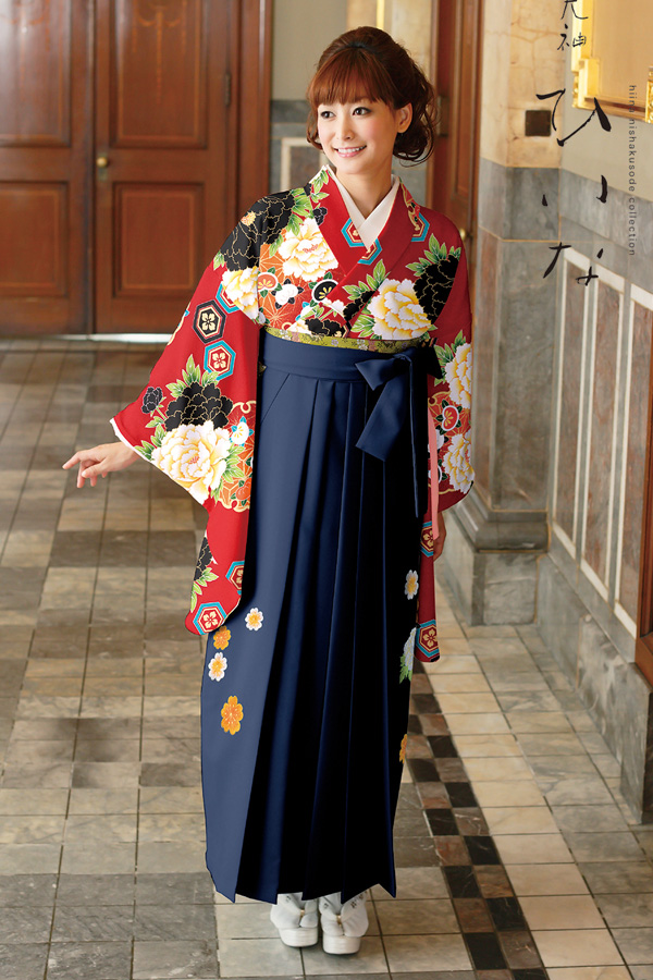 人気大人かっこいいい古典袴ネットレンタル(牡丹柄)　赤/紺/黒　K30029